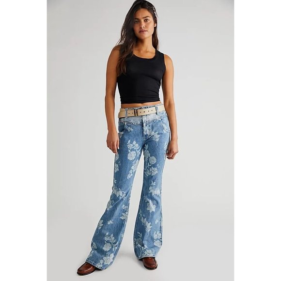 Free People Denim - NEW Sz 26 2 Women Free People Naomi Printed Flare High Rise Blue Jeans OB1500259